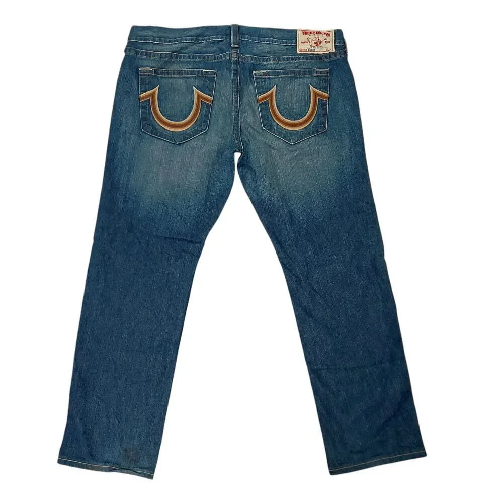True Religion Bobby Jeans Mens 42x32 Blue Straight Leg Embroidered Retro Y2K